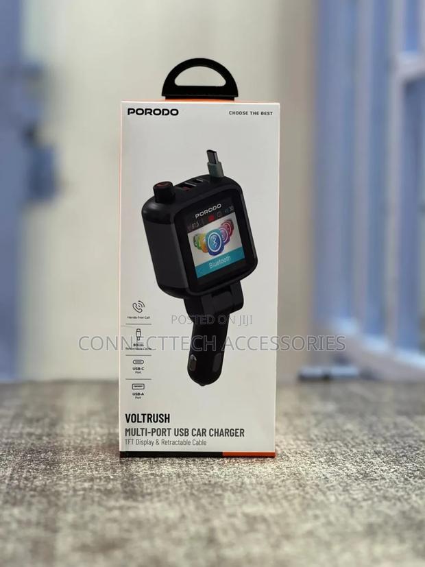 Porodo Voltrush Multi-Port Usb Car Charger With TFT Display Cable