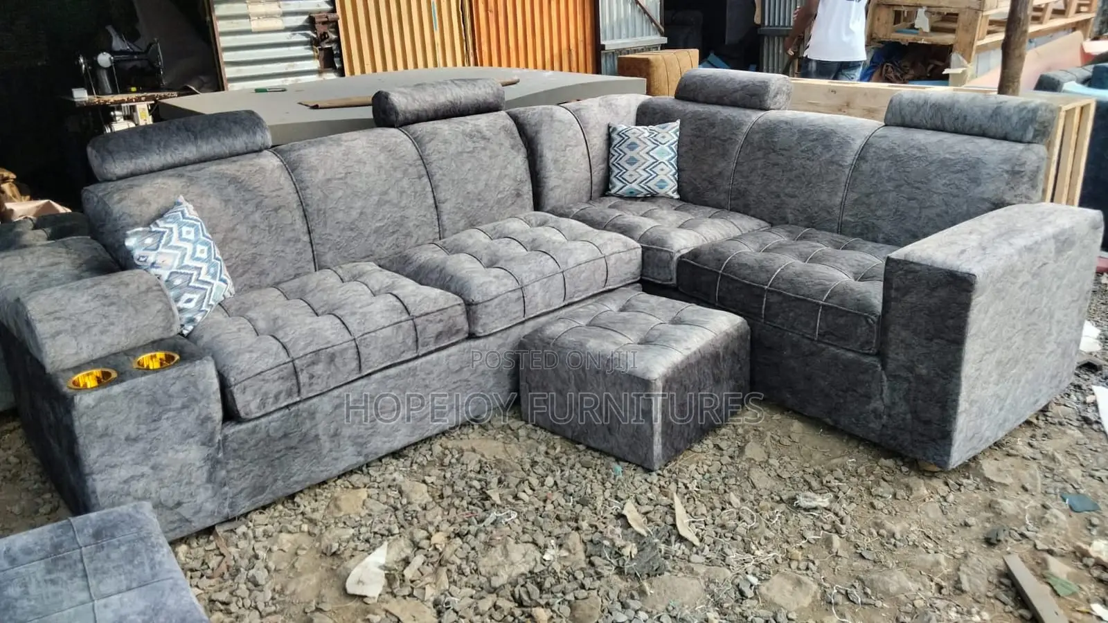 Grey L Sofa Set