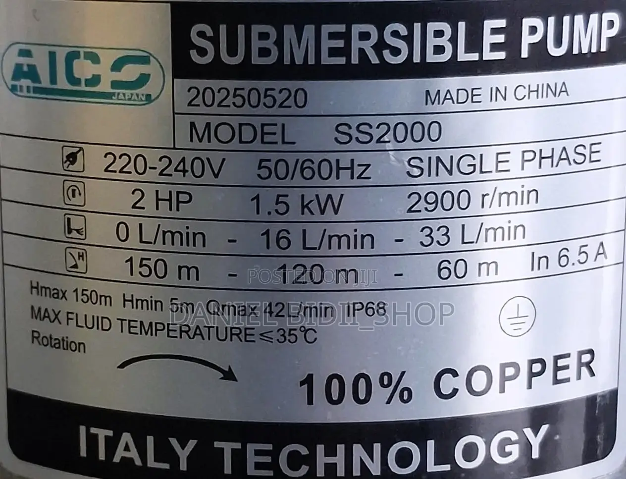 Ss2000 Aico Japan Deep Well Submersible Pump 2hp Head 150m 1" Outlet