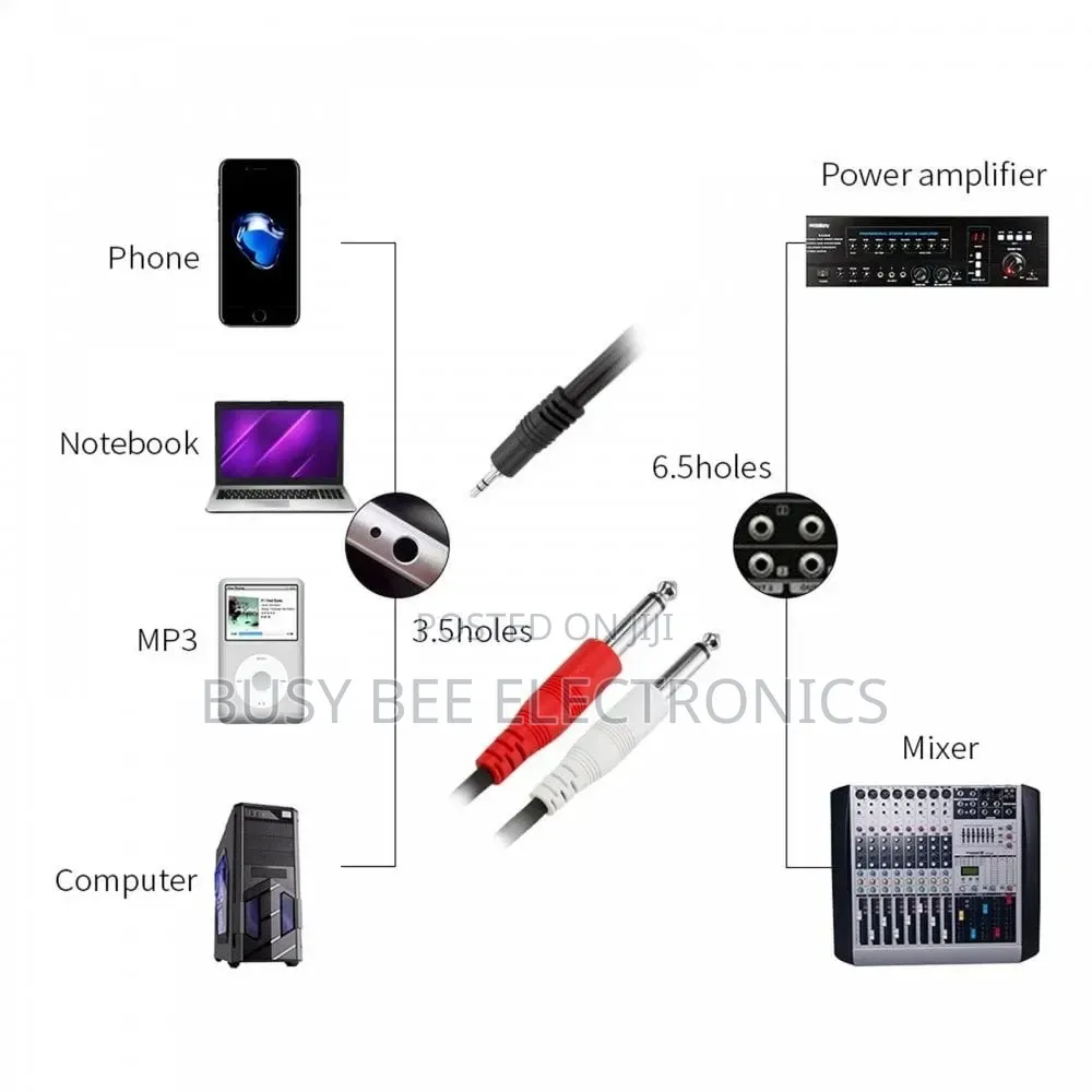 1.2m 3.5mm Stereo Jack to 2x 6.35mm Big Mono Jack Left/Right Cable