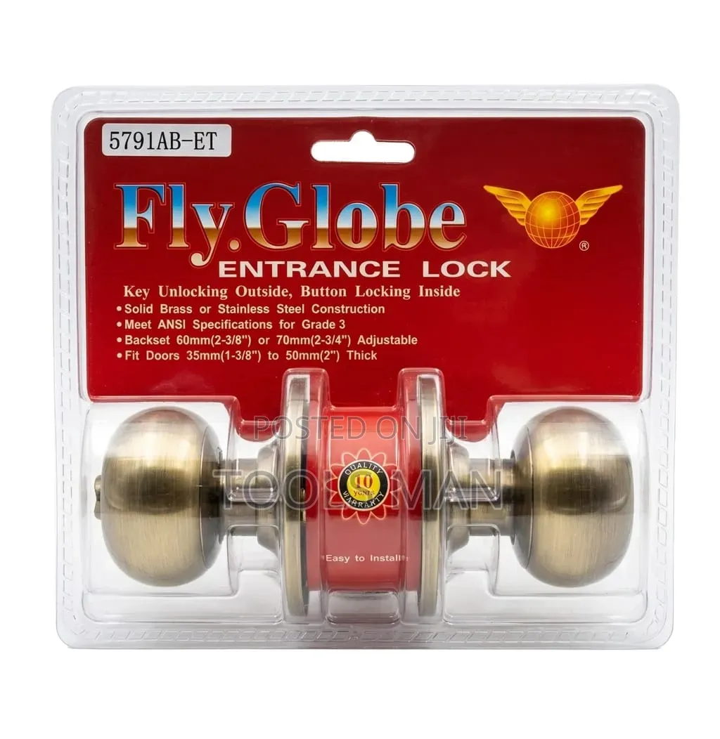 Fly Globe Entrance Door Lock Gold - Antique Brass Cylindrical Knob.