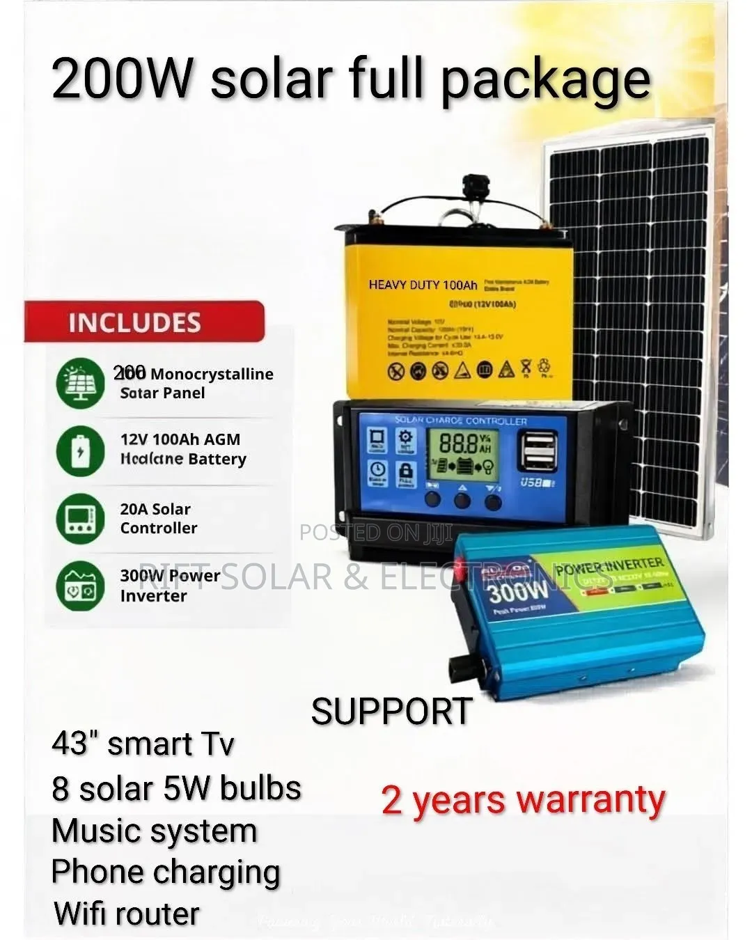 200w Solar - 100ah Heavy Duty Gel Battery - 300w Inverter Home Tv Kit