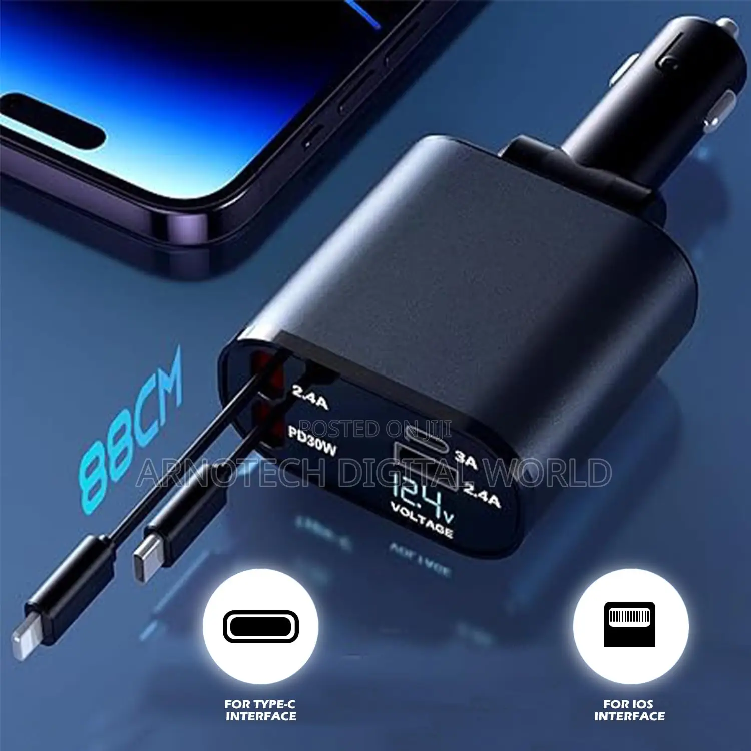 120w Universal Retractable Car Charging Adapter With Cable