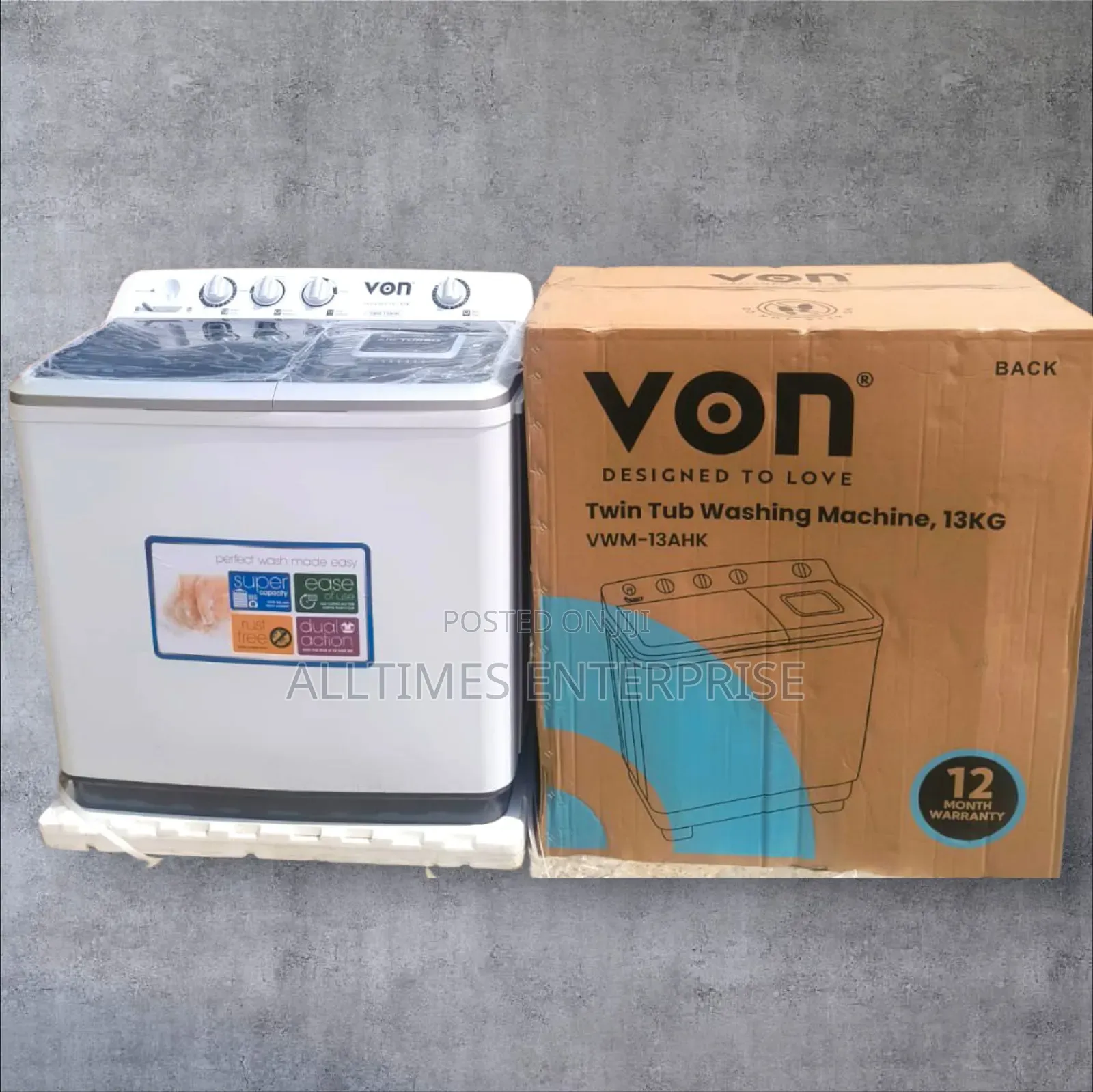 Von 13kgs Twin Tub Washing Machine -White