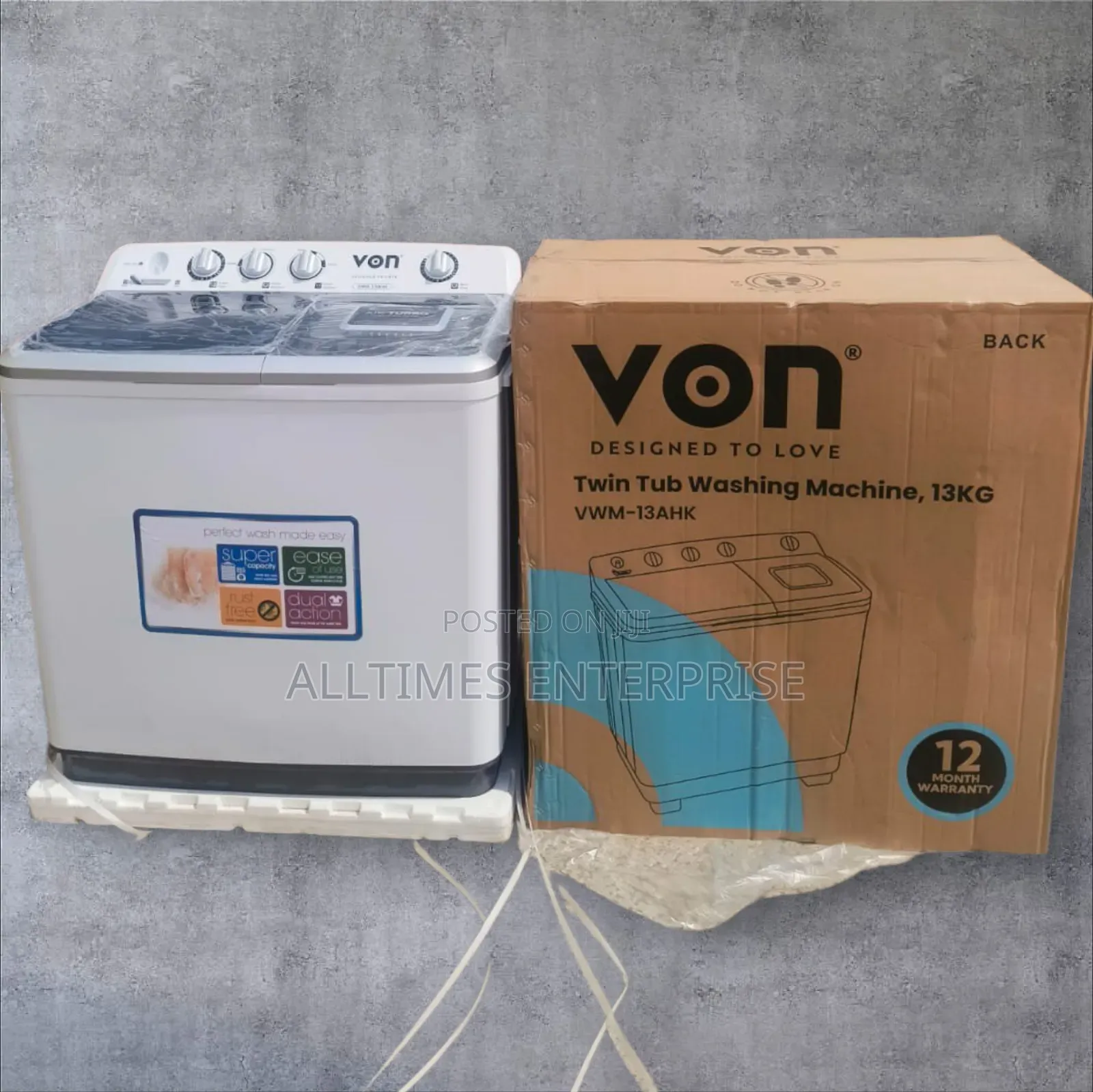 Von 13kgs Twin Tub Washing Machine -White