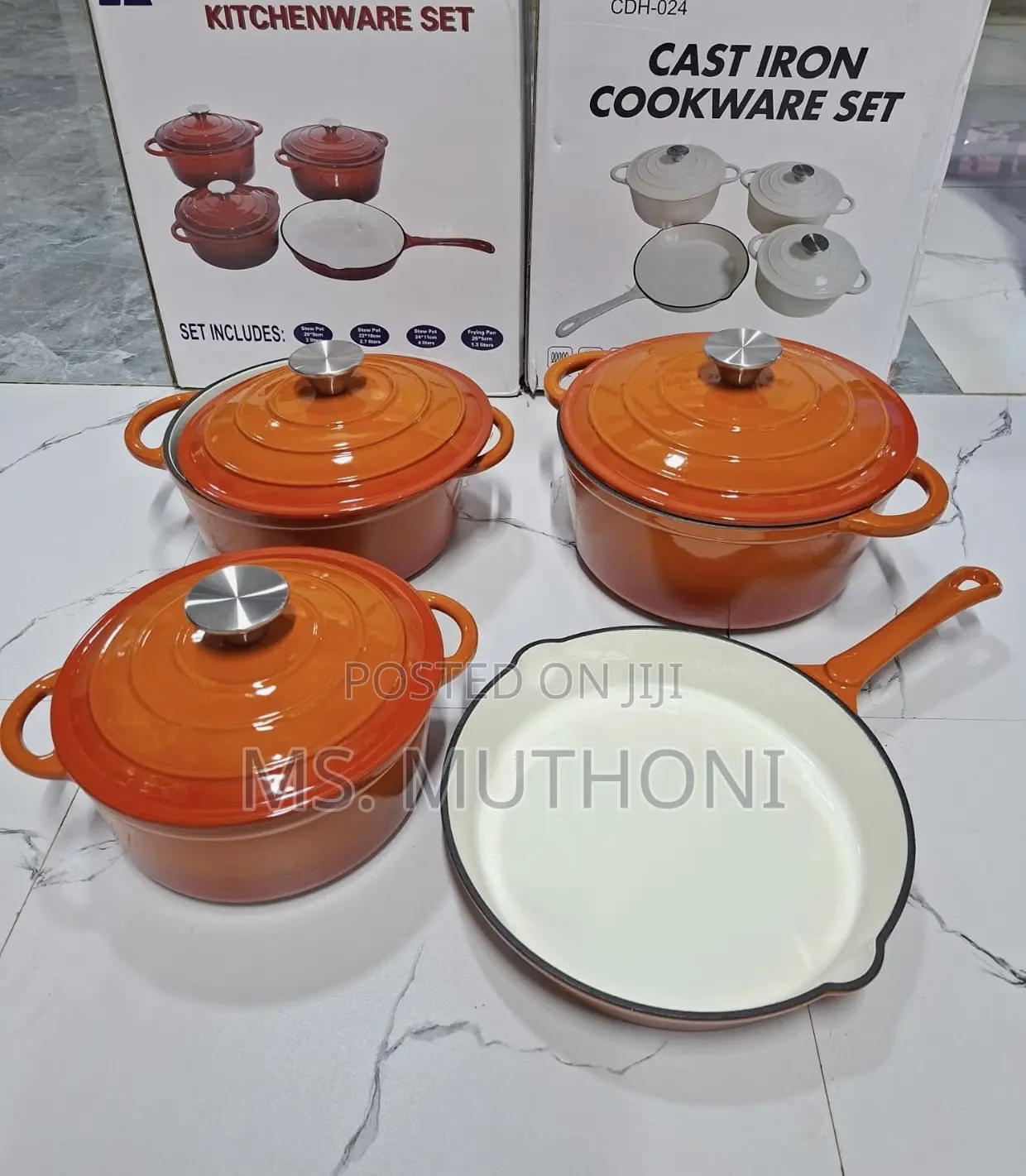 Orange / Silver Knobs Cast Iron Cookware Set