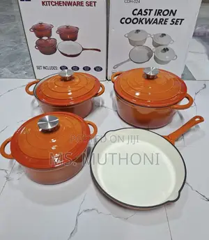 Orange / Silver Knobs Cast Iron Cookware Set