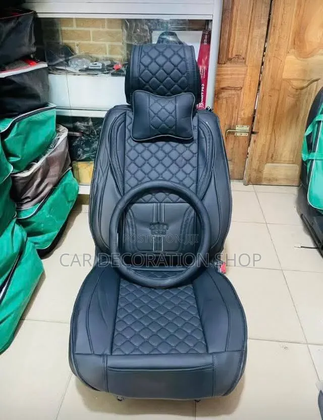 Crown Diamond _Stitched Leather Seat Covers With Headrest Pillows