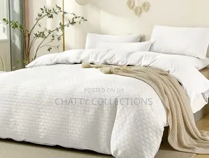 White 6 by 7 Waffle Weaving Poplin Luxury Soft Cotton Duvet Cover Set