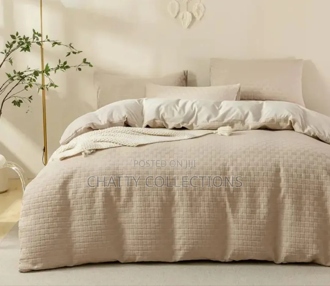 Beige 6 by 7 Waffle Weaving Poplin Luxury Soft Cotton Duvet Cover Set