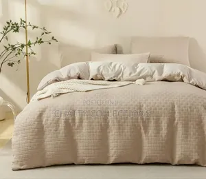 Beige 6 by 7 Waffle Weaving Poplin Luxury Soft Cotton Duvet Cover Set