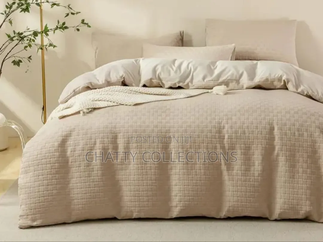 Beige 6 by 7 Waffle Weaving Poplin Luxury Soft Cotton Duvet Cover Set