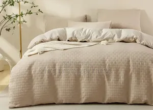 Beige 6 by 7 Waffle Weaving Poplin Luxury Soft Cotton Duvet Cover Set