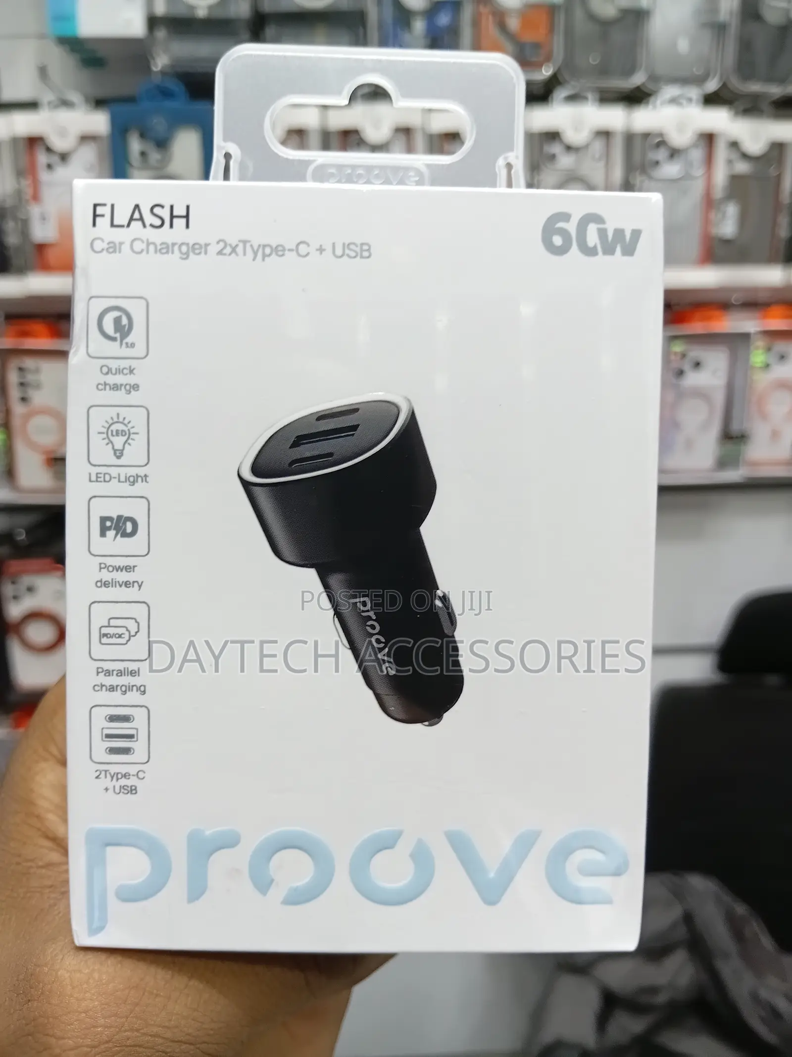 Proove Flash 60w Car Charger With Two Type-C Ports and One Usb Port.