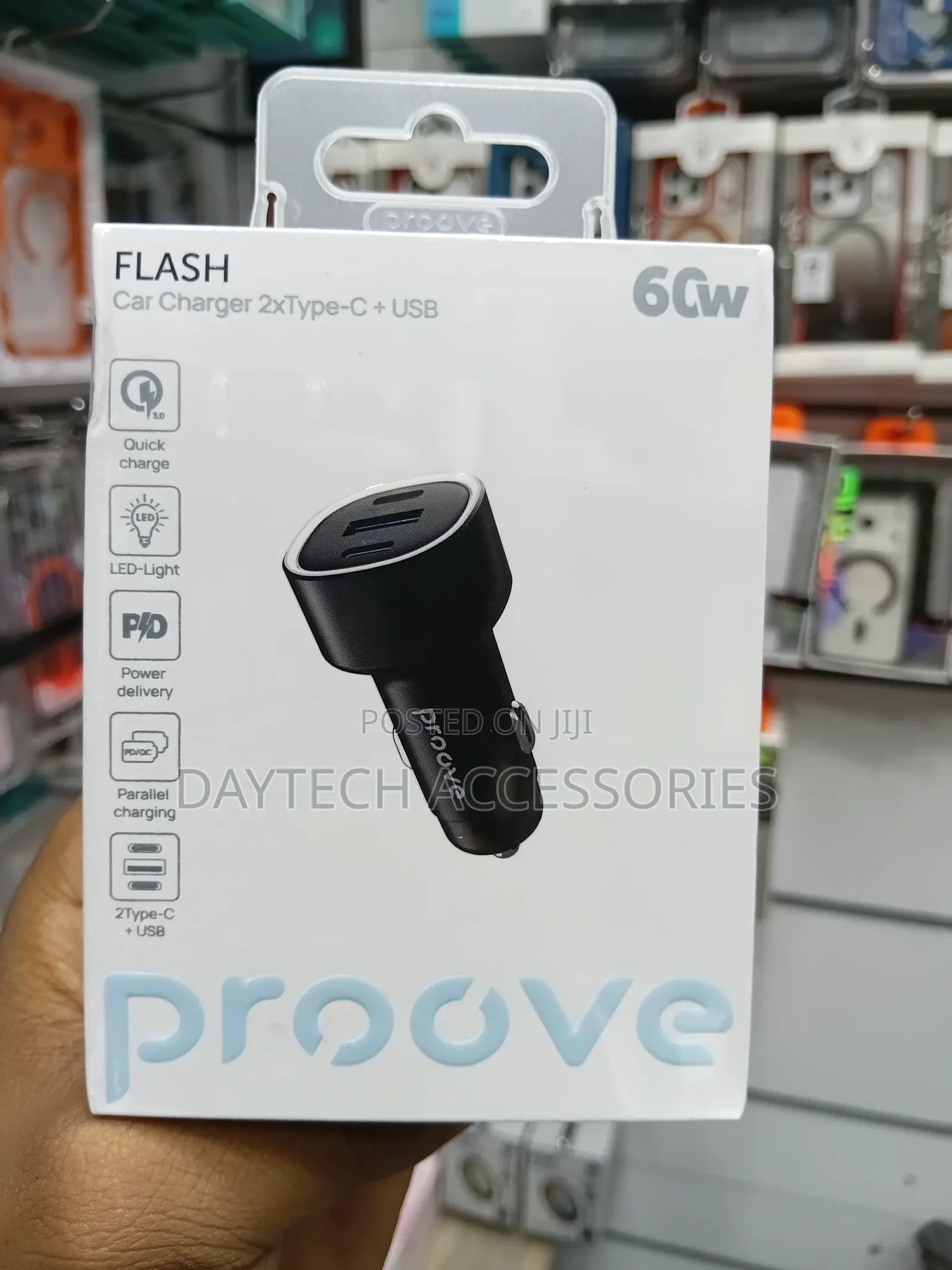 Proove Flash 60w Car Charger With Two Type-C Ports and One Usb Port.