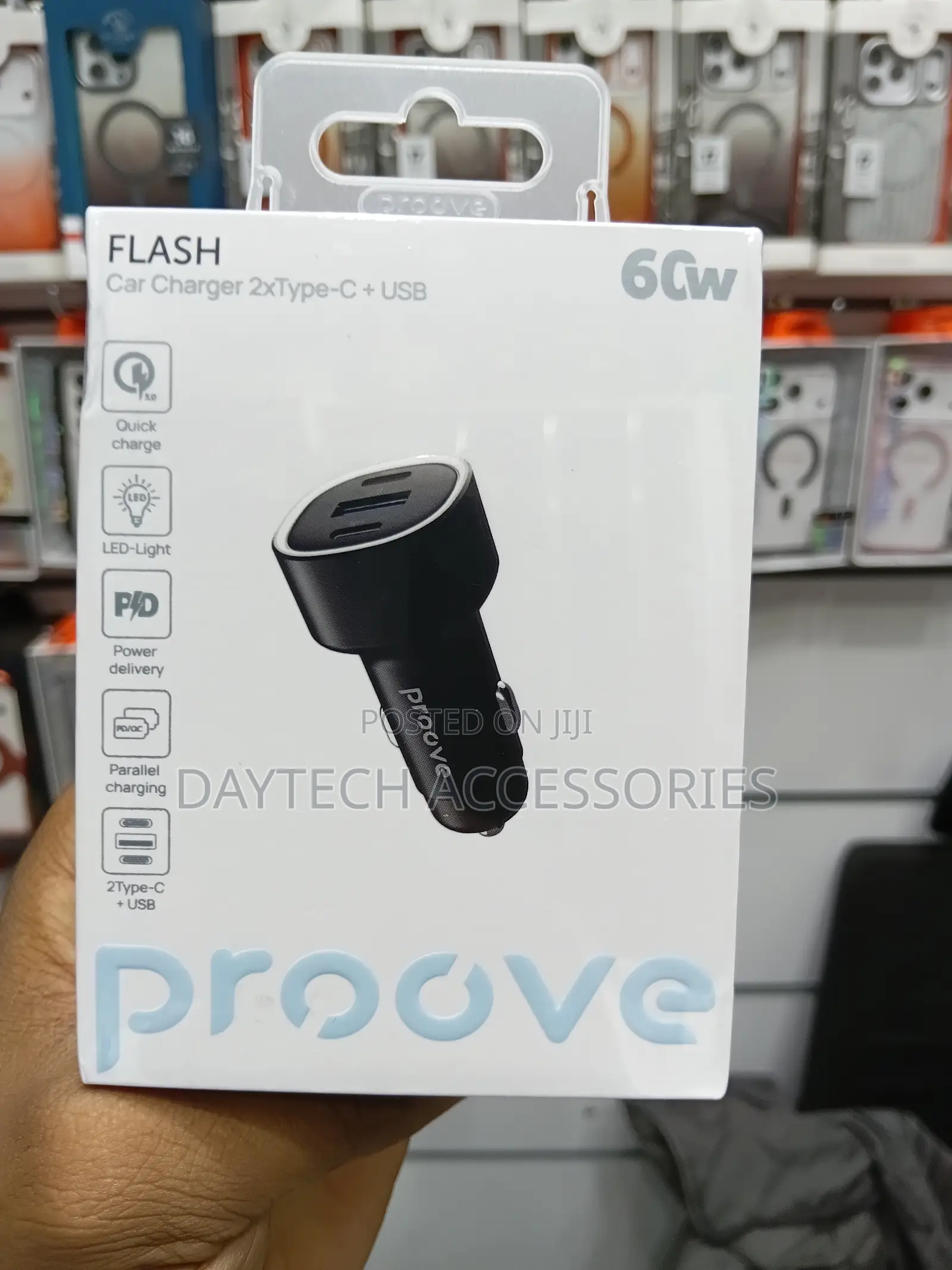 Proove Flash 60w Car Charger With Two Type-C Ports and One Usb Port.