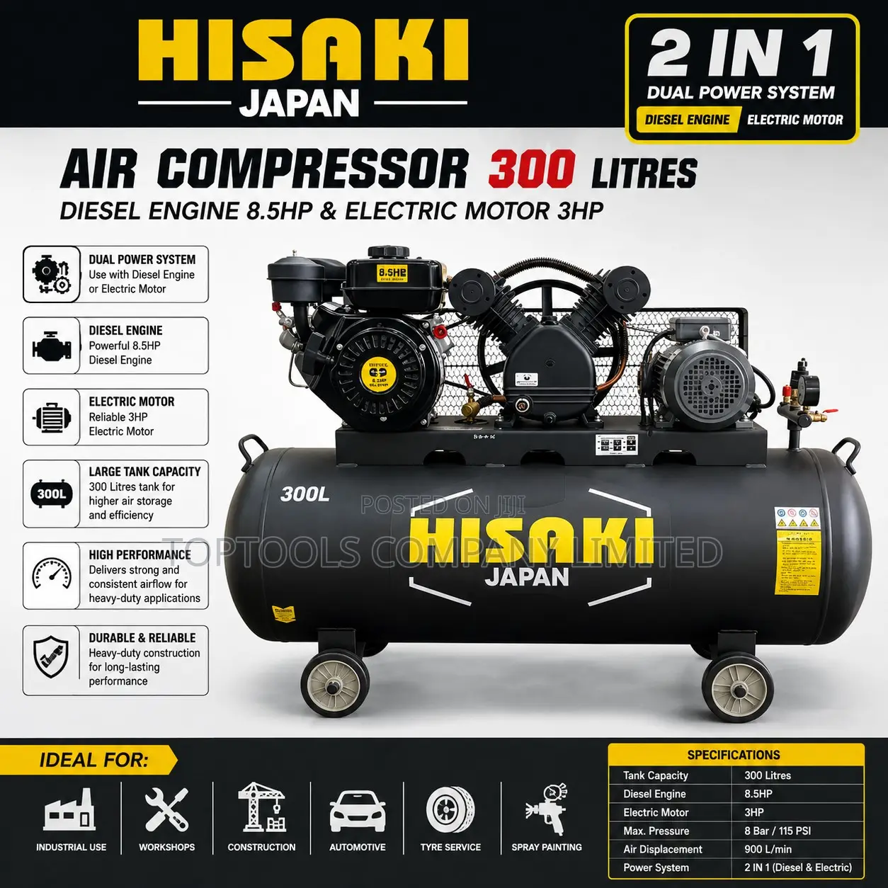 Hisaki Japan 2 in 1 Compressor 300 Litres With Diesel Engine 8.5hp