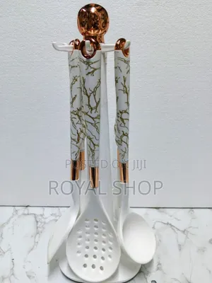 6 Cream White And Gold Set Spoon And A Holder