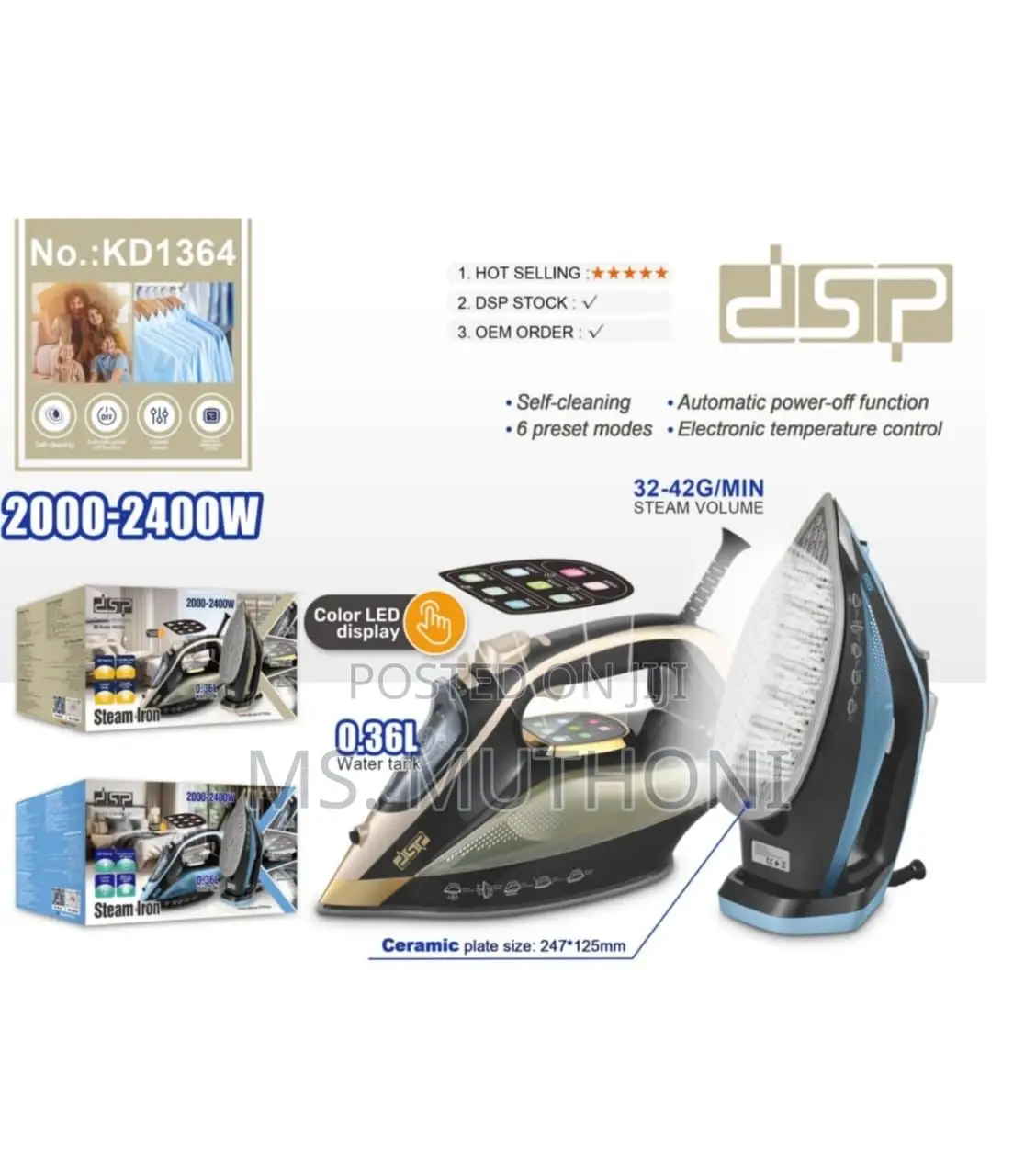 DSP Kd1364 Gold and Black Steam Iron With a Color Led Display.