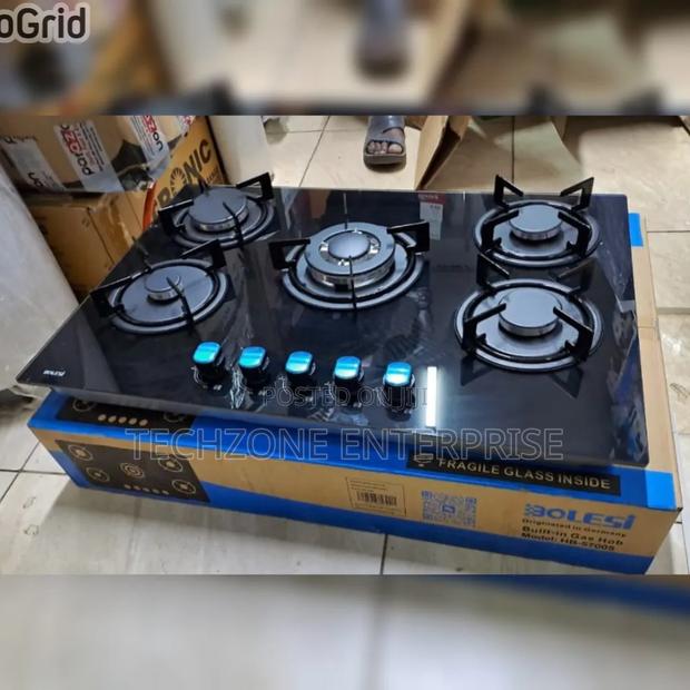 Bolesi Inbuilt 5 Burner Full Gas Tampered Black Glass Cooker 