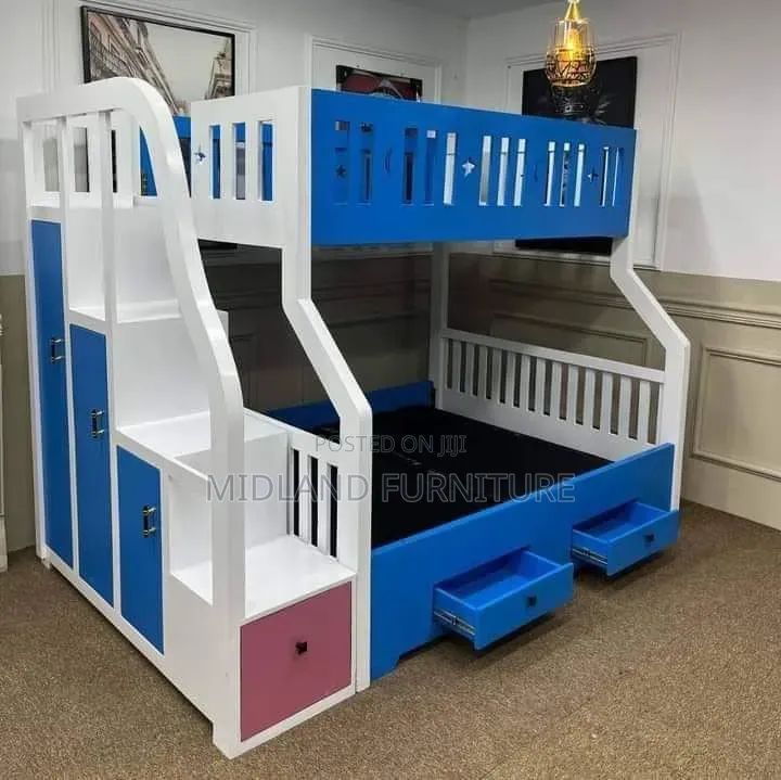 Blue and Pink Kids Bunk Bed With Storage Staircase
