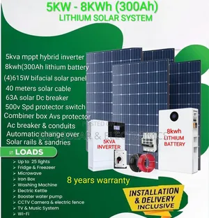 5kva Inverter - 8kwh Lithium Battery - (4)615w Bifacial Solar Energy