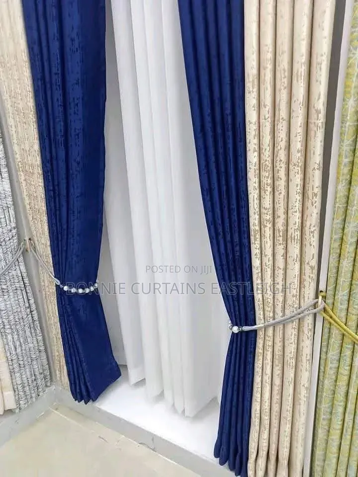 Blue Modern Curtains Mixed With Cream