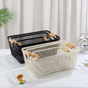 Mesh Plastic Storage Baskets With Bamboo Handles