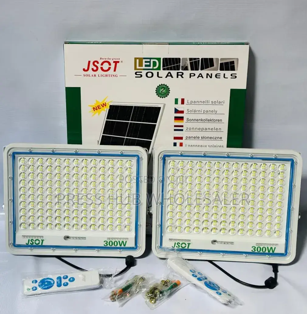 Jsot 300w Solar Floodlight Kit Features Two Lamps, Solar Panels