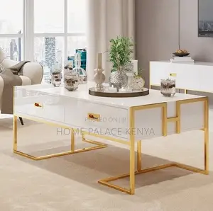 Coffee Table: Center Table With Glass Top and White Gold Finish