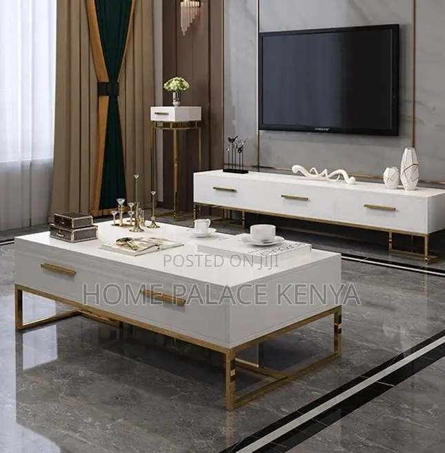 Coffee Table: Center Table With Glass Top and White Gold Finish