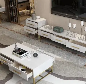 Coffee Table: Center Table With Glass Top and White Gold Finish