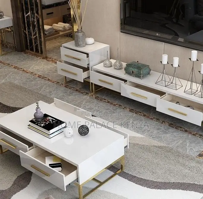 Coffee Table: Center Table With Glass Top and White Gold Finish