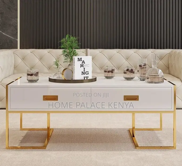 Coffee Table: Center Table With Glass Top and White Gold Finish
