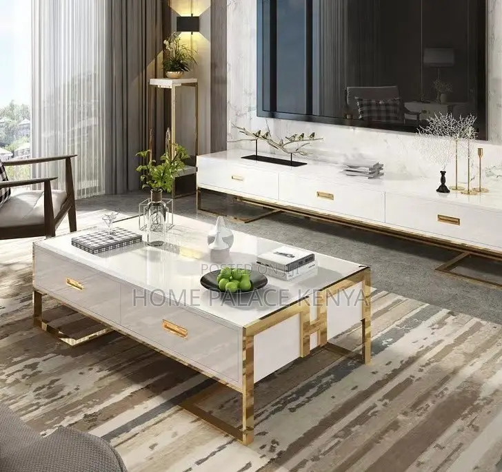 Coffee Table: Center Table With Glass Top and White Gold Finish