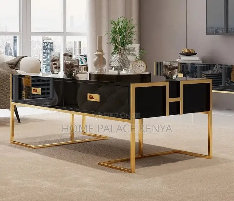 Coffee Table: Center Table With Glass Top and White Gold Finish