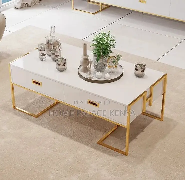 Coffee Table: Center Table With Glass Top and White Gold Finish