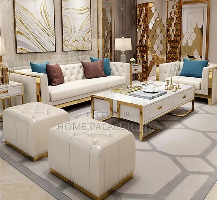 Coffee Table: Center Table With Glass Top and White Gold Finish