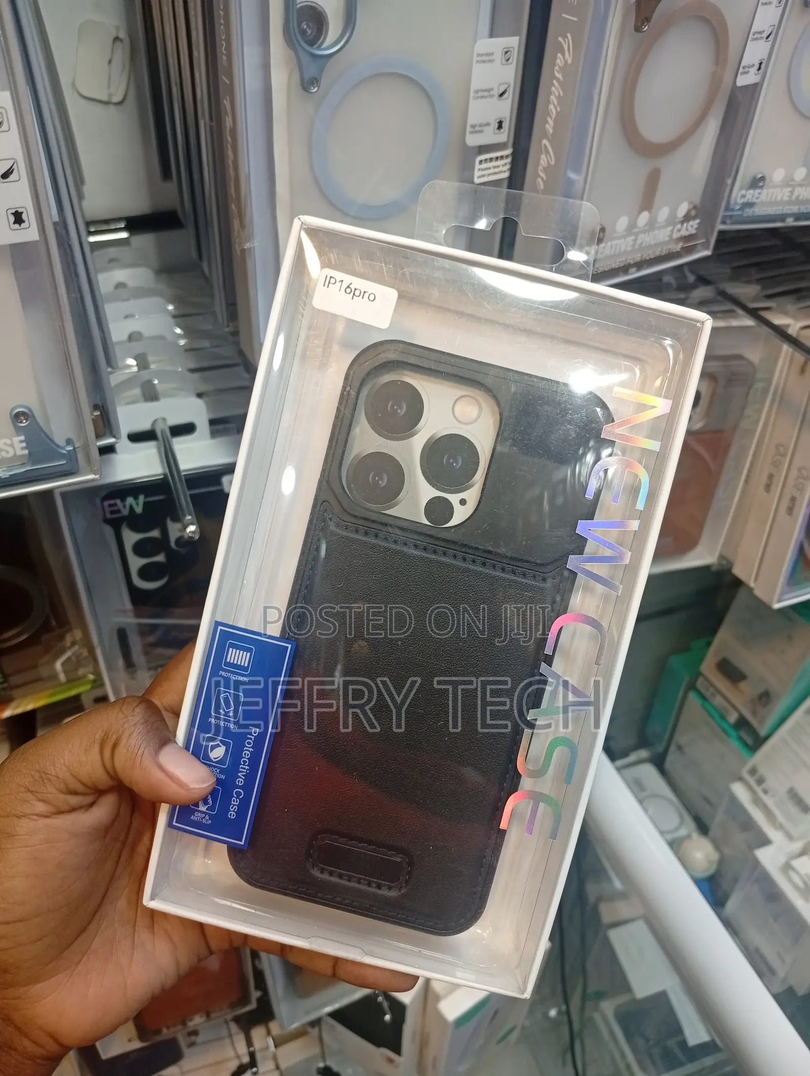 Black Leather-Style Protective Phone Case for an iPhone 16 Pro
