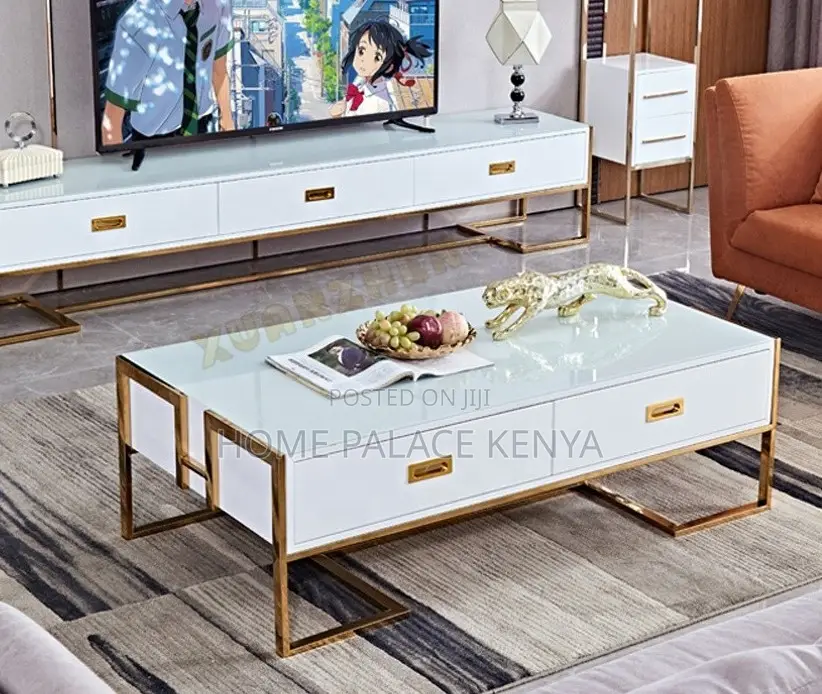 Coffee Table: Center Table With Glass Top and White Gold Finish