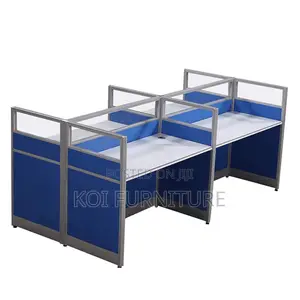 Office Desk :Blue and White Four-Person Modular Office Workstation Set
