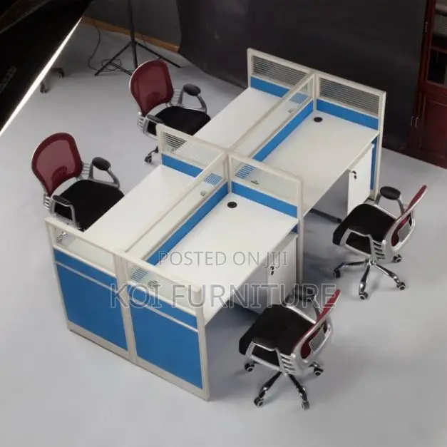 Office Desk :Blue and White Four-Person Modular Office Workstation Set