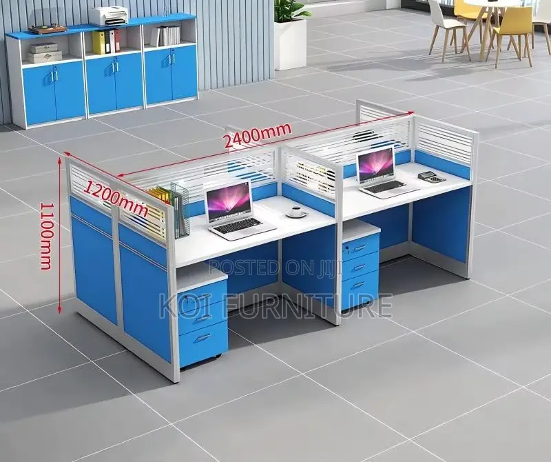 Office Desk :Blue and White Four-Person Modular Office Workstation Set