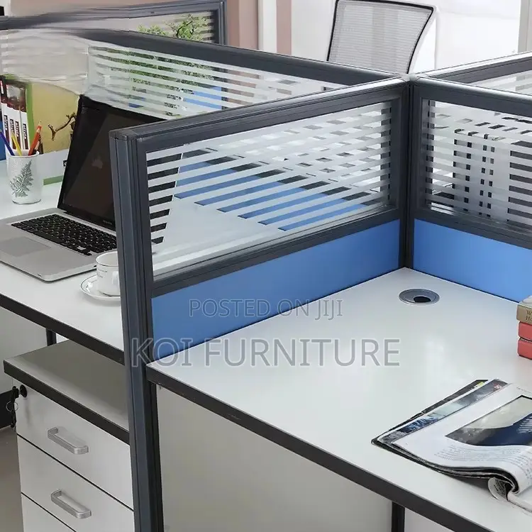 Office Desk :Blue and White Four-Person Modular Office Workstation Set