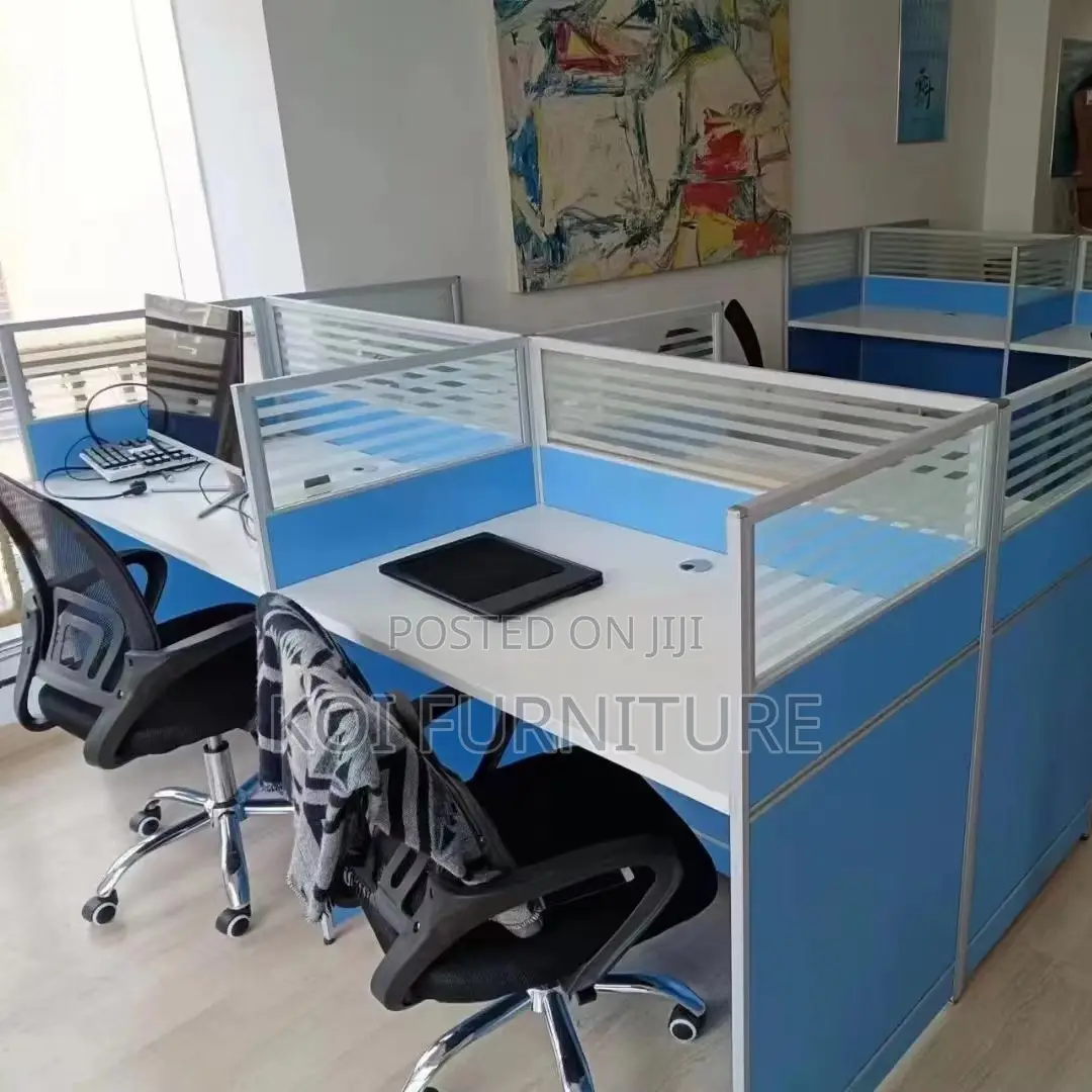 Office Desk :Blue and White Four-Person Modular Office Workstation Set