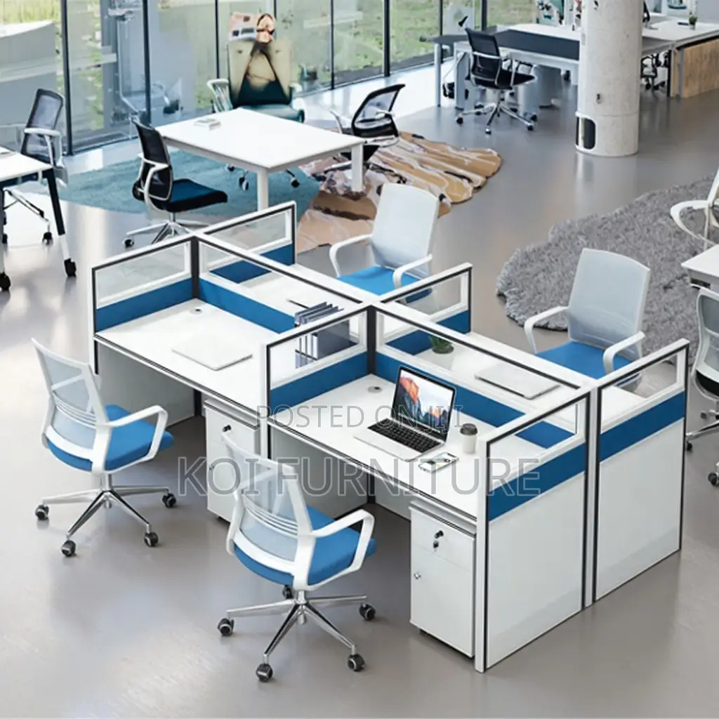 Office Desk :Blue and White Four-Person Modular Office Workstation Set