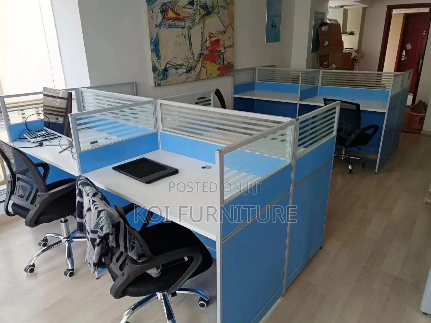 Office Desk :Blue and White Four-Person Modular Office Workstation Set