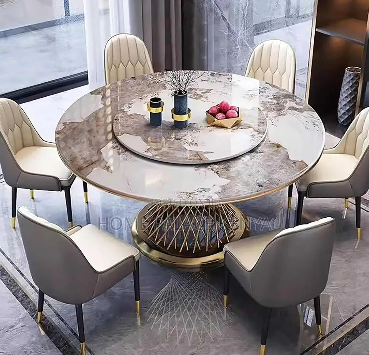 Dining Set: 6 Seater Marble Top Dining Table With 360° Turn Table