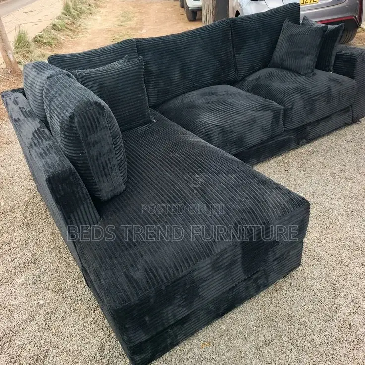 6 Seater Dark Gray Corduroy L Shaped Sofa.