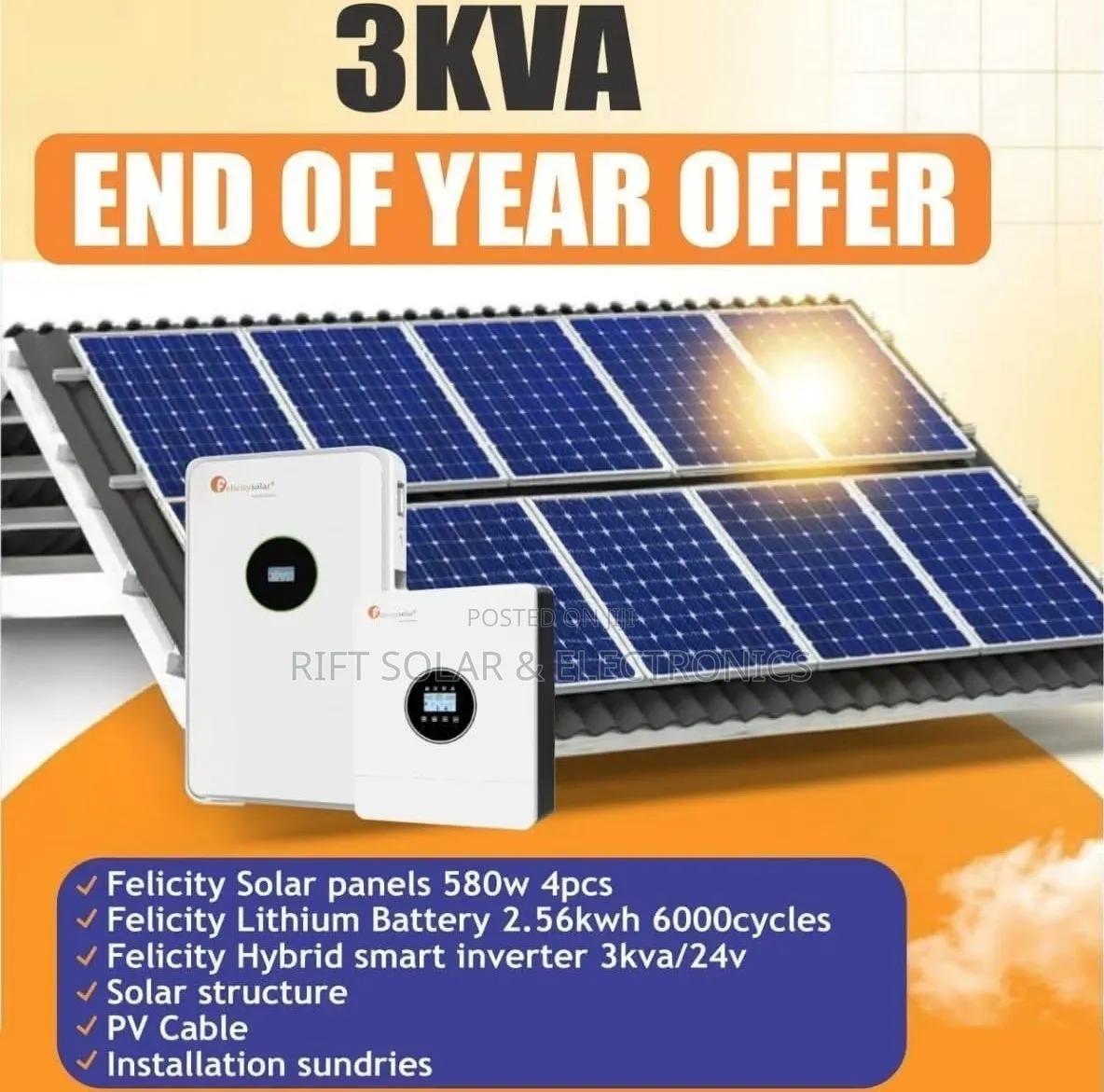 3kva Felicity Offgrid System - 2.56kwh Lithium Battery - (4)580w Solar